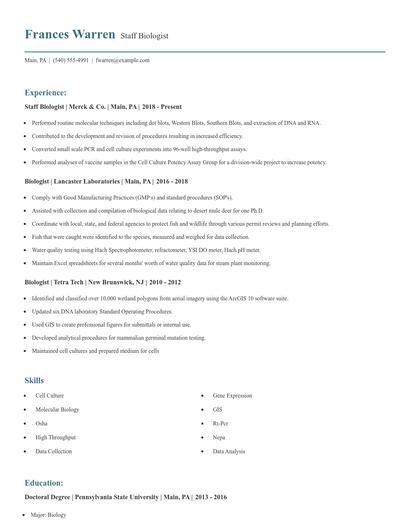 Staff Biologist Resume