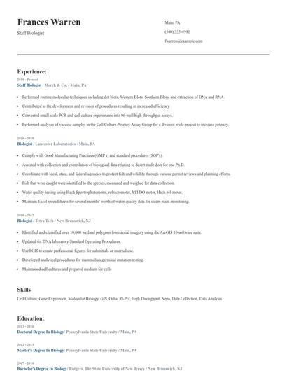 Staff Biologist Resume