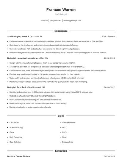 Staff Biologist Resume