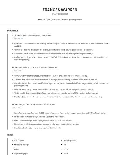 Staff Biologist Resume