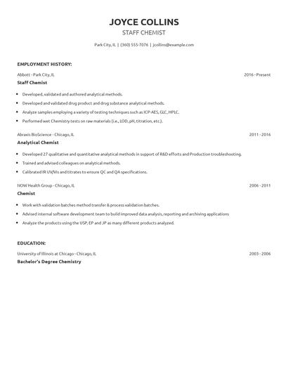 Staff Chemist Resume