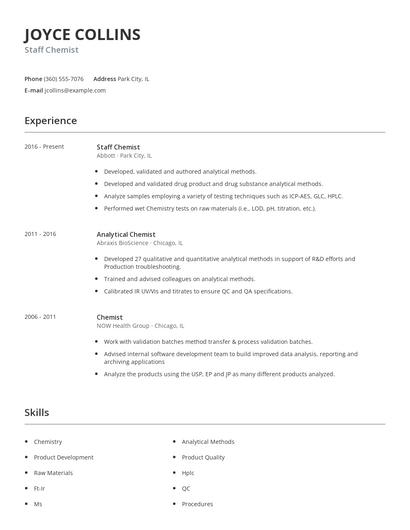 Staff Chemist Resume