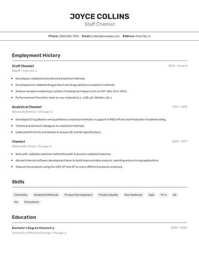 Staff Chemist Resume