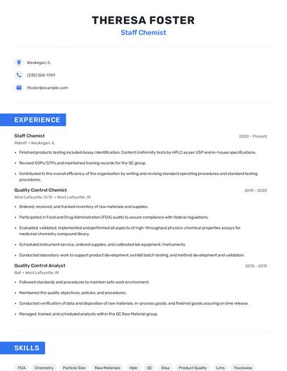 Staff Chemist Resume