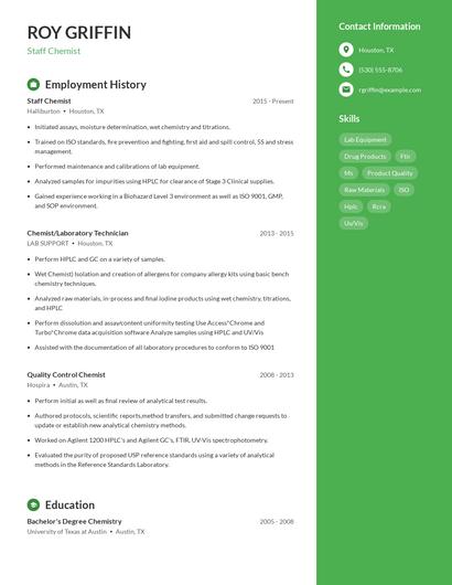 Staff Chemist Resume
