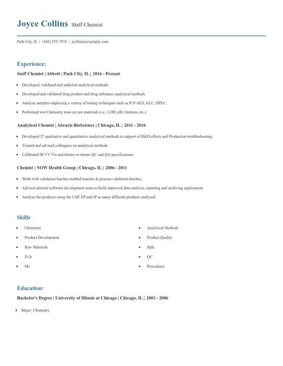 Staff Chemist Resume