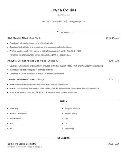 Staff Chemist Resume