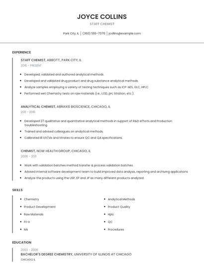 Staff Chemist Resume