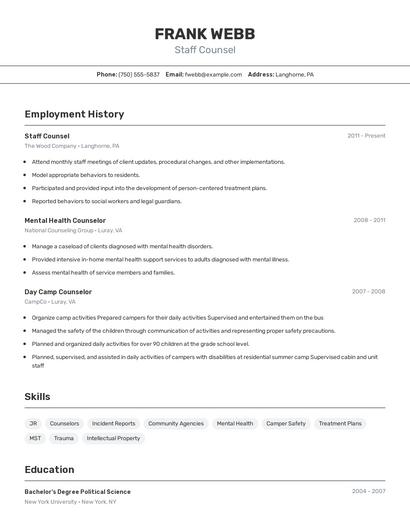Staff Counsel Resume