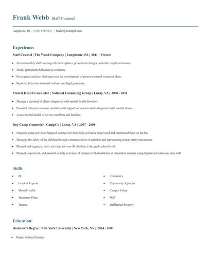Staff Counsel Resume