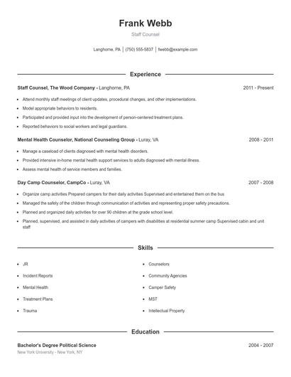 Staff Counsel Resume