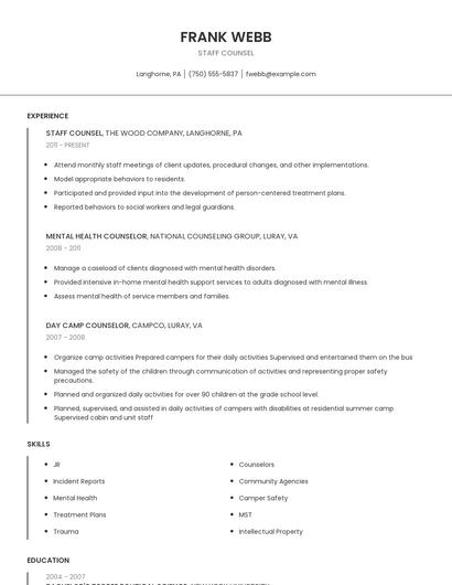 Staff Counsel Resume