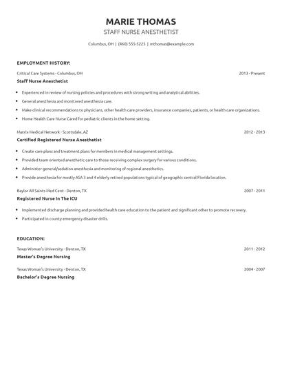 Staff Nurse Anesthetist Resume