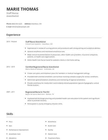 Staff Nurse Anesthetist Resume