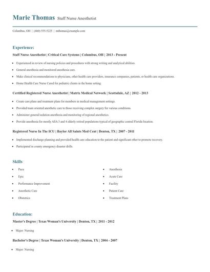 Staff Nurse Anesthetist Resume