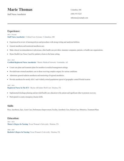 Staff Nurse Anesthetist Resume