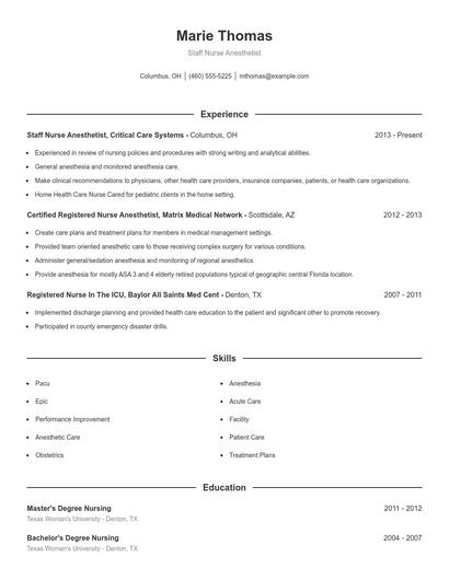 Staff Nurse Anesthetist Resume