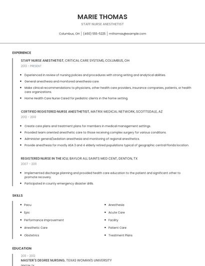 Staff Nurse Anesthetist Resume