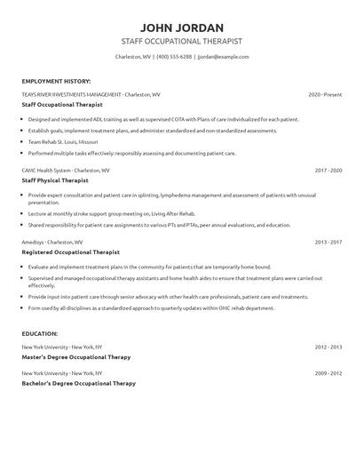 Staff Occupational Therapist Resume