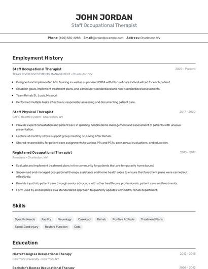 Staff Occupational Therapist Resume