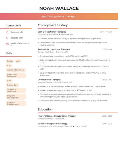 Staff Occupational Therapist Resume