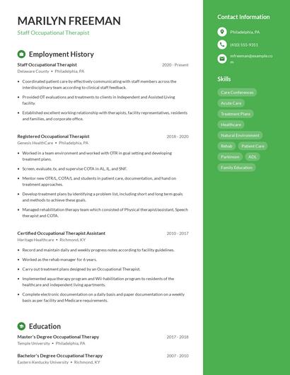 Staff Occupational Therapist Resume