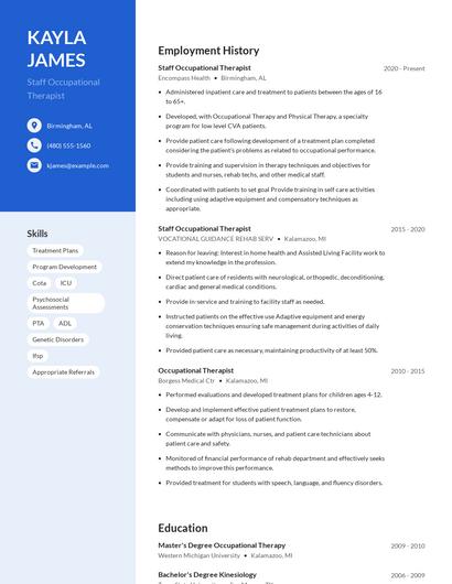 Staff Occupational Therapist Resume