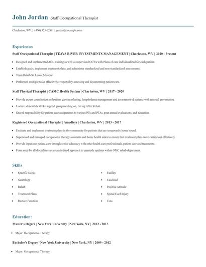 Staff Occupational Therapist Resume
