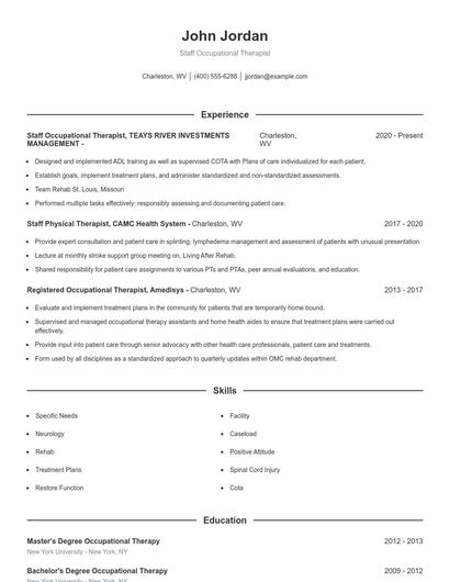 Staff Occupational Therapist Resume