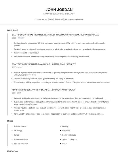 Staff Occupational Therapist Resume