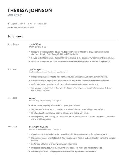 Staff Officer Resume
