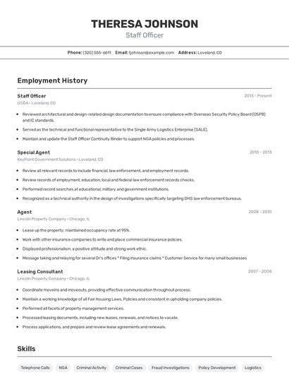 Staff Officer Resume