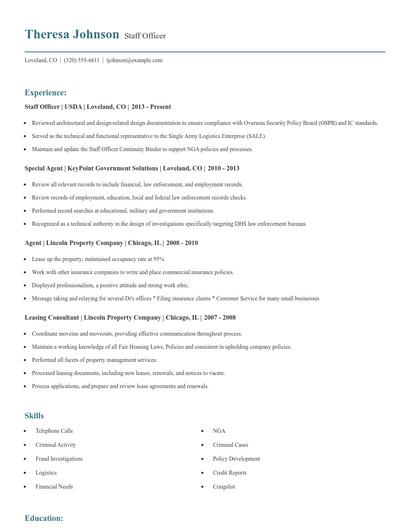 Staff Officer Resume
