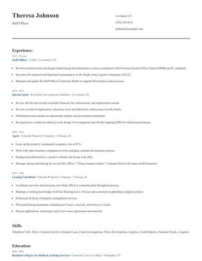 Staff Officer Resume