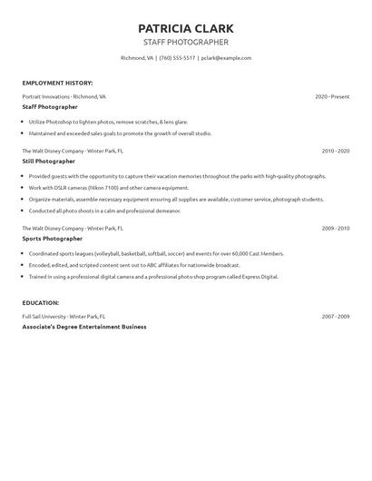 Staff Photographer Resume