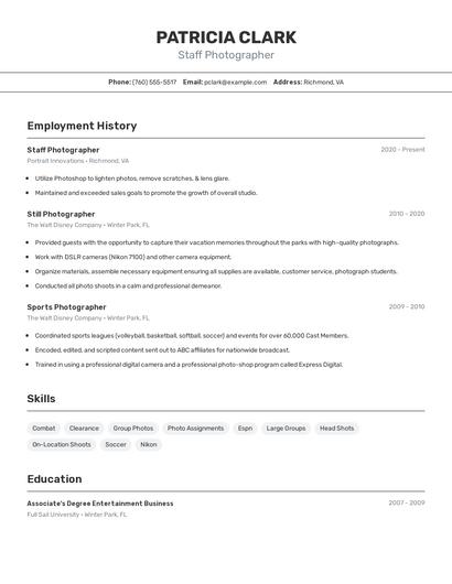 Staff Photographer Resume