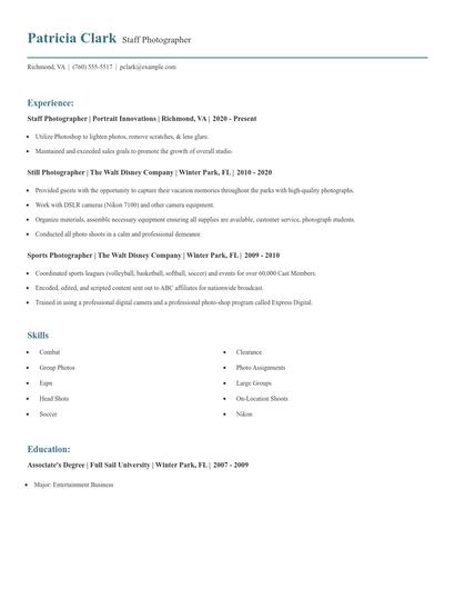 Staff Photographer Resume