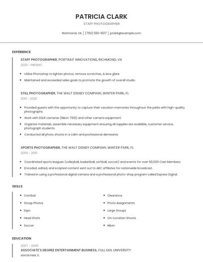 Staff Photographer Resume