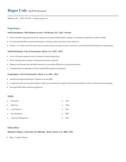 Staff Professional Resume