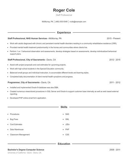 Staff Professional Resume