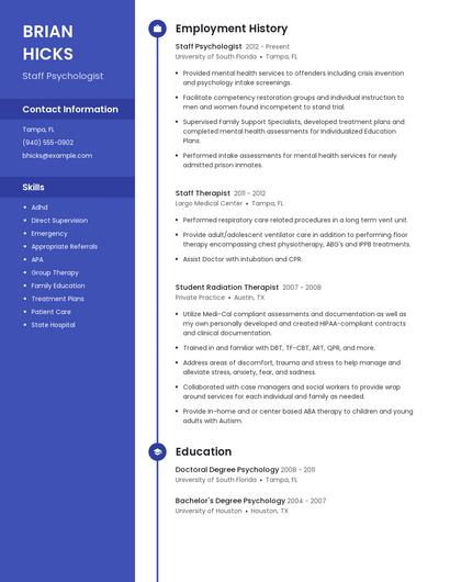 Staff Psychologist Resume