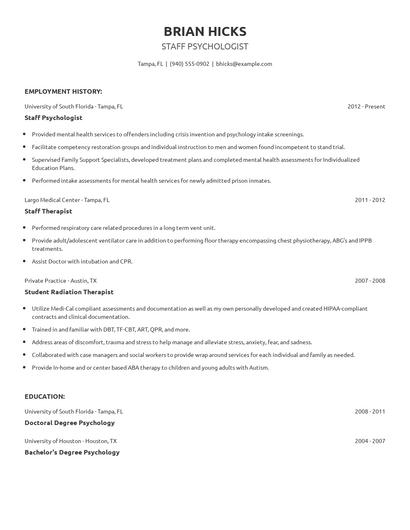Staff Psychologist Resume