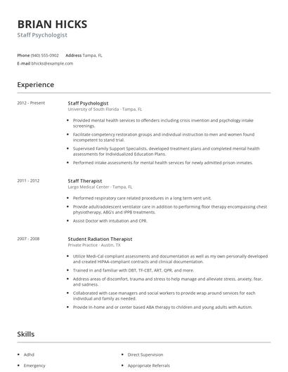 Staff Psychologist Resume