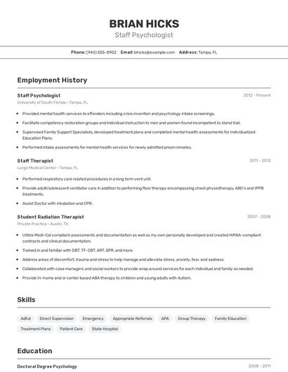 Staff Psychologist Resume