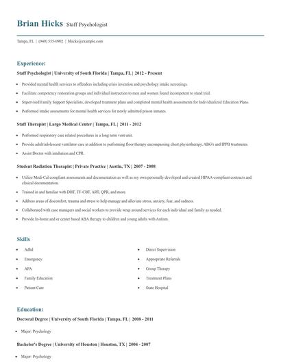 Staff Psychologist Resume