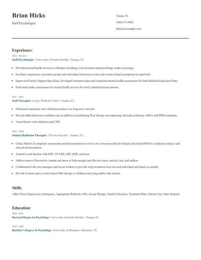 Staff Psychologist Resume