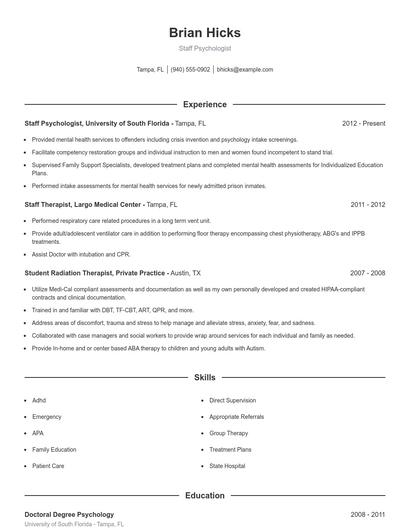 Staff Psychologist Resume