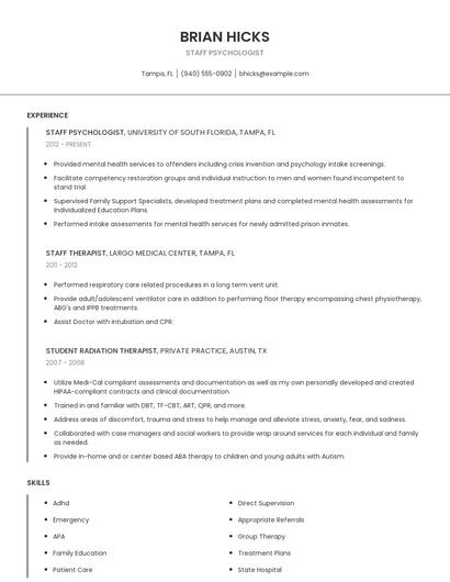 Staff Psychologist Resume