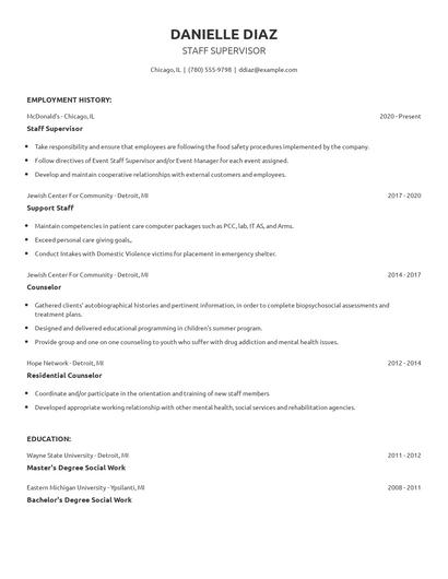 Staff Supervisor Resume
