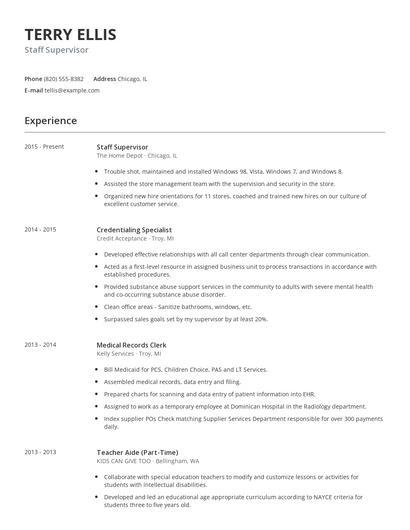 Staff Supervisor Resume
